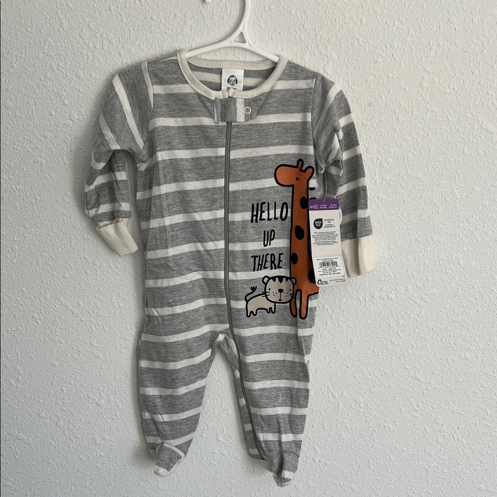 NWT Gerber Gray and White Striped Footie with Giraffe Print